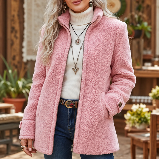 Women’s Stand-Collar Fleece Zip Jacket – Relaxed Fit by DERILUJA LLC